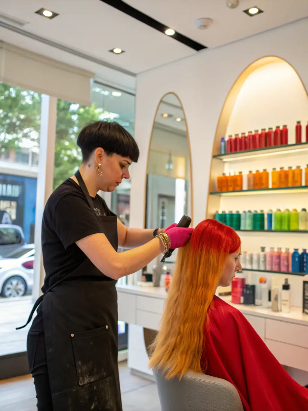 A close-up shot of a stylist applying vibrant red hair color to a client's hair in a modern salon setting, showcasing the precision and care involved in the hair coloring process at FrisoerKBH.