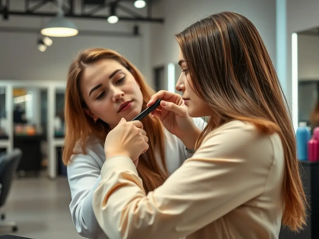 Et billede af en kunde med en elegant balayage-farvning, der fremhæver vores ekspertise i farveteknikker. The client is sitting in the salon chair, and the stylist is carefully applying the color.