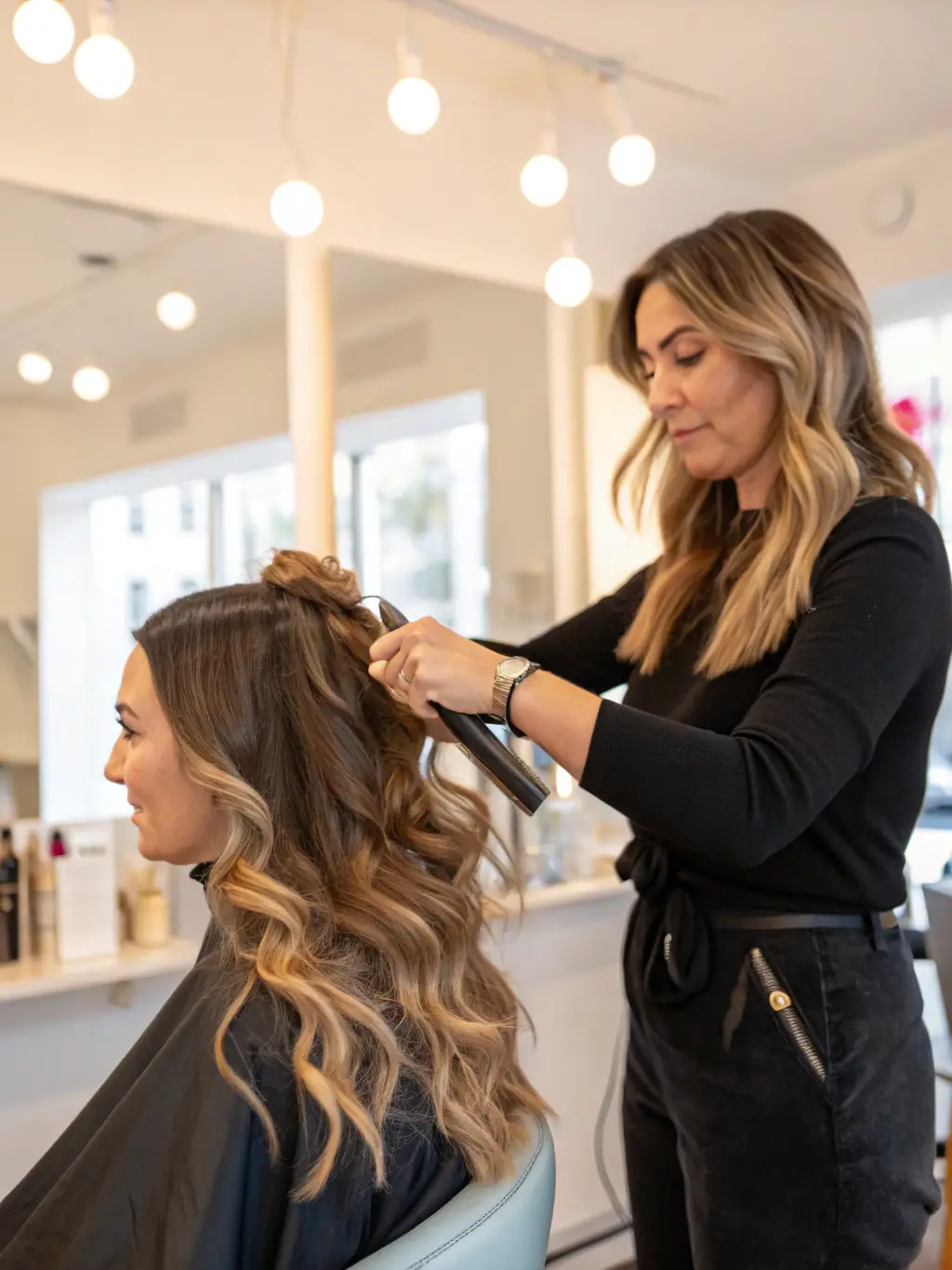 A stylist creating a beautiful balayage effect on a client's long, blonde hair, with soft, blended highlights that look natural and sun-kissed, demonstrating the balayage service at FrisoerKBH.